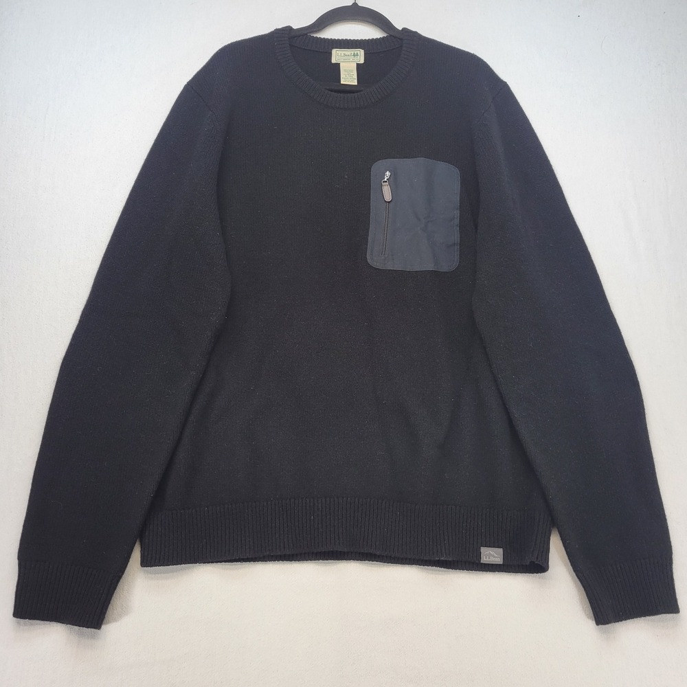 L.L. Bean Sweater Mens XL-Tall Black Utility Merino Lambswool Elbow Patch 511501
